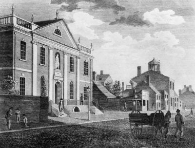 Surgeons' Hall, on Fifth Street near Walnut Street, home to Penn's Medical Department, 1763 to 1802