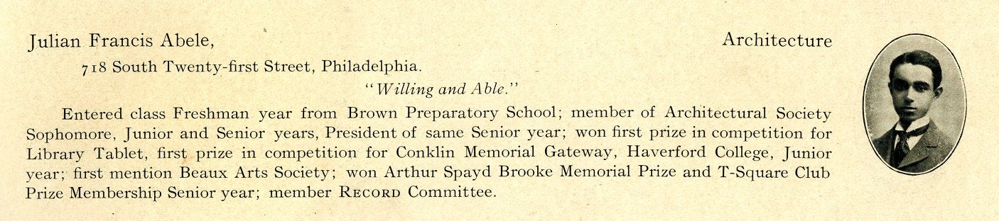 Julian Francis Abele, yearbook entry, 1902