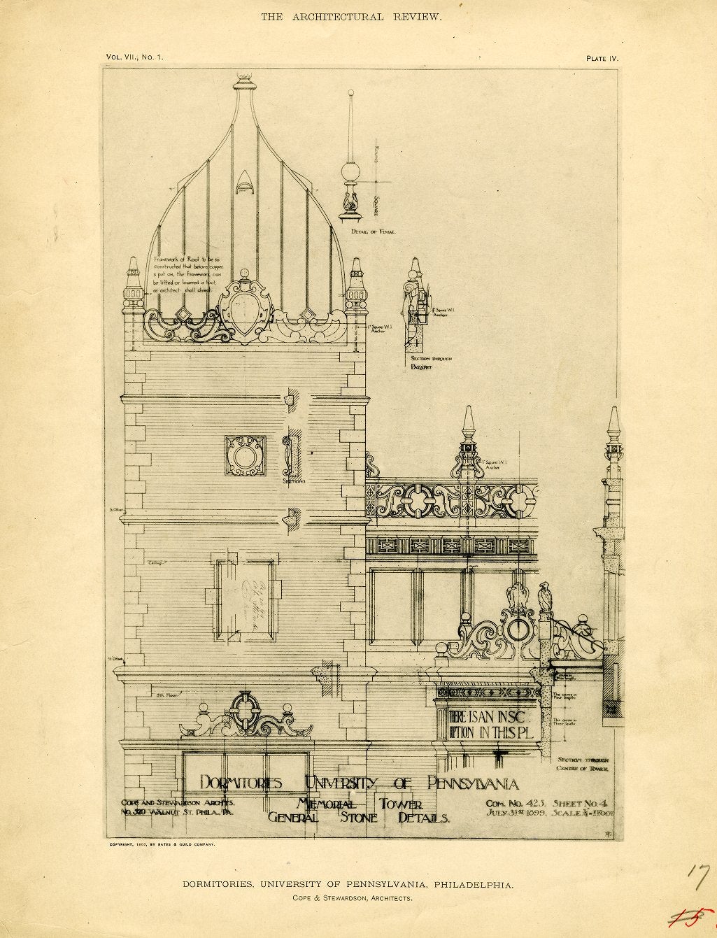 Dormitory Quadrangle, Memorial Tower, architectural drawing, 1899