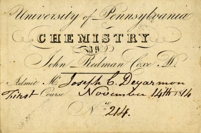 Admission ticket to John Redman Coxe's lectures on chemistry, 1814