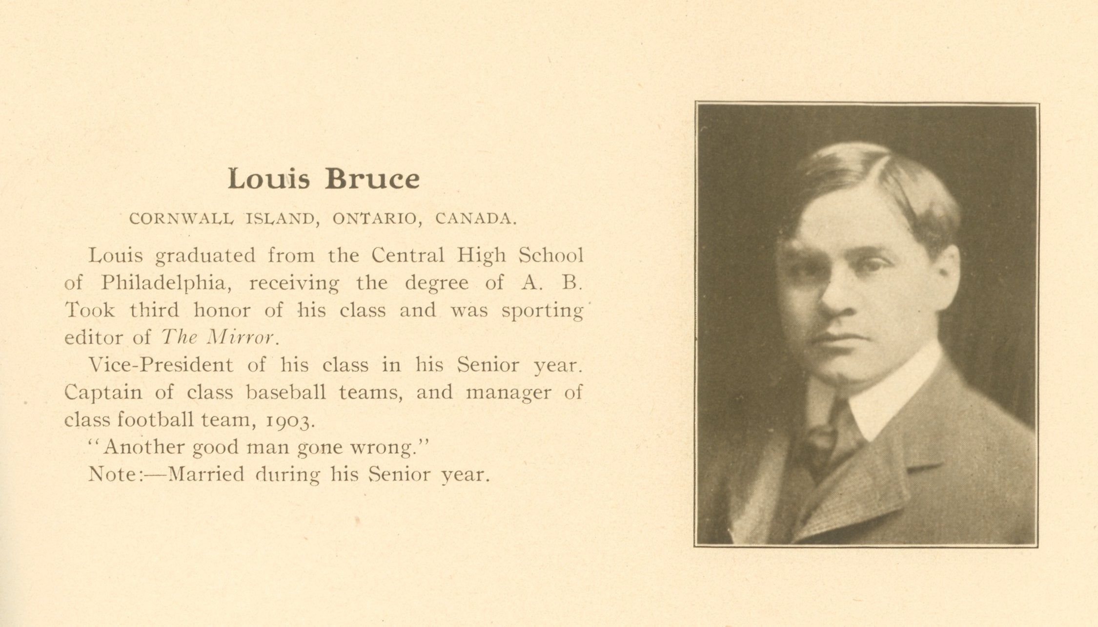 Louis Bruce, yearbook entry, 1904