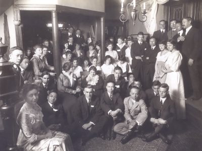 International students at a social gathering at the home of Mr. and Mrs. Alpheus Waldo Stevenson, c. 1912