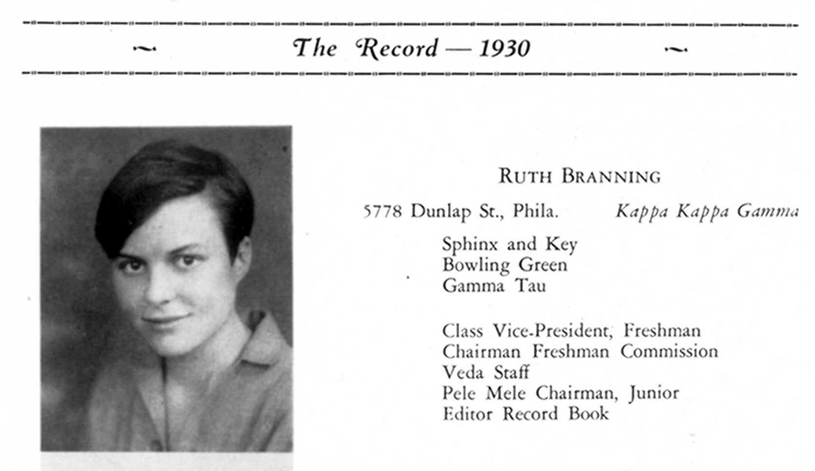Ruth Branning Molloy, yearbook photo, 1930