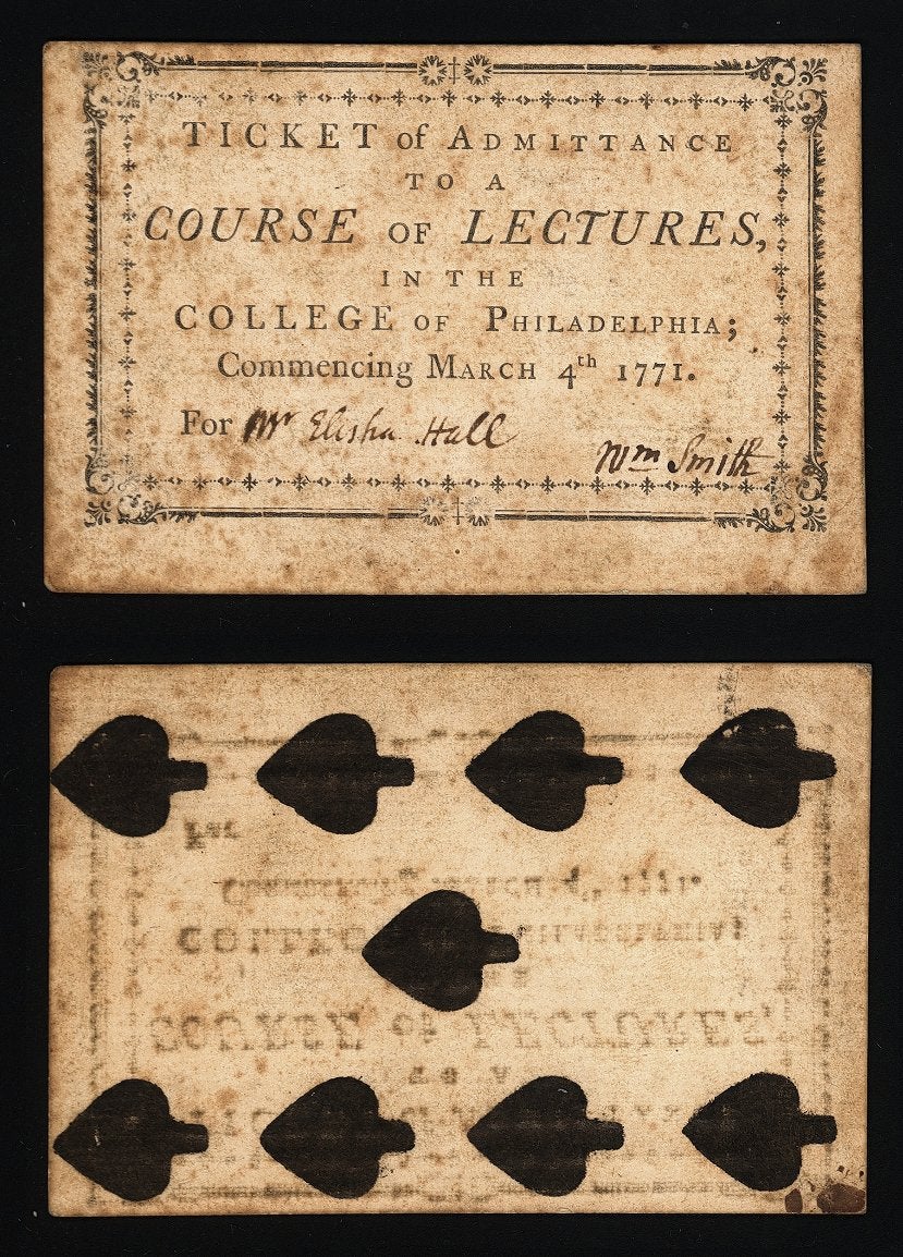 Admission ticket signed by William Smith, 1771