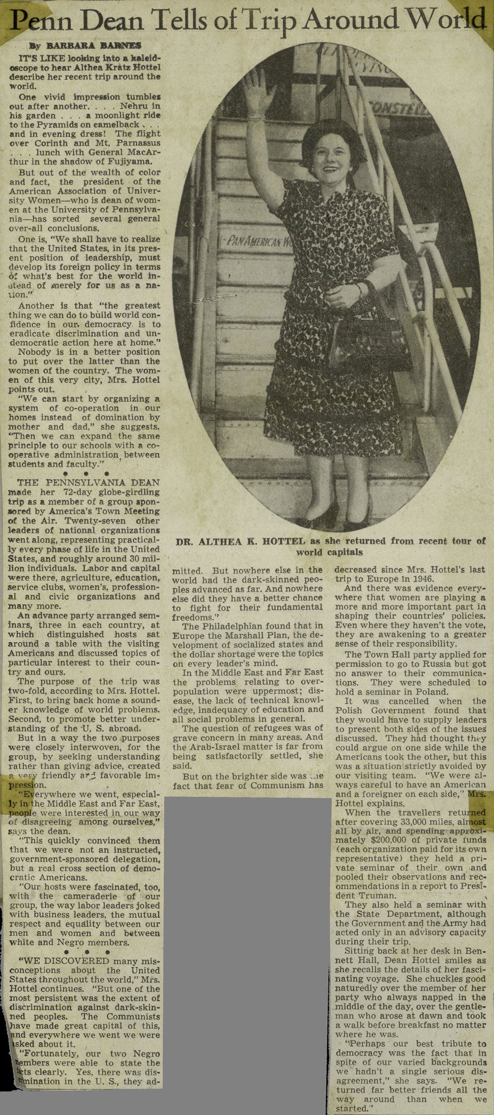 Althea Kratz Hottel, world travels as Penn Dean, news article, 1949
