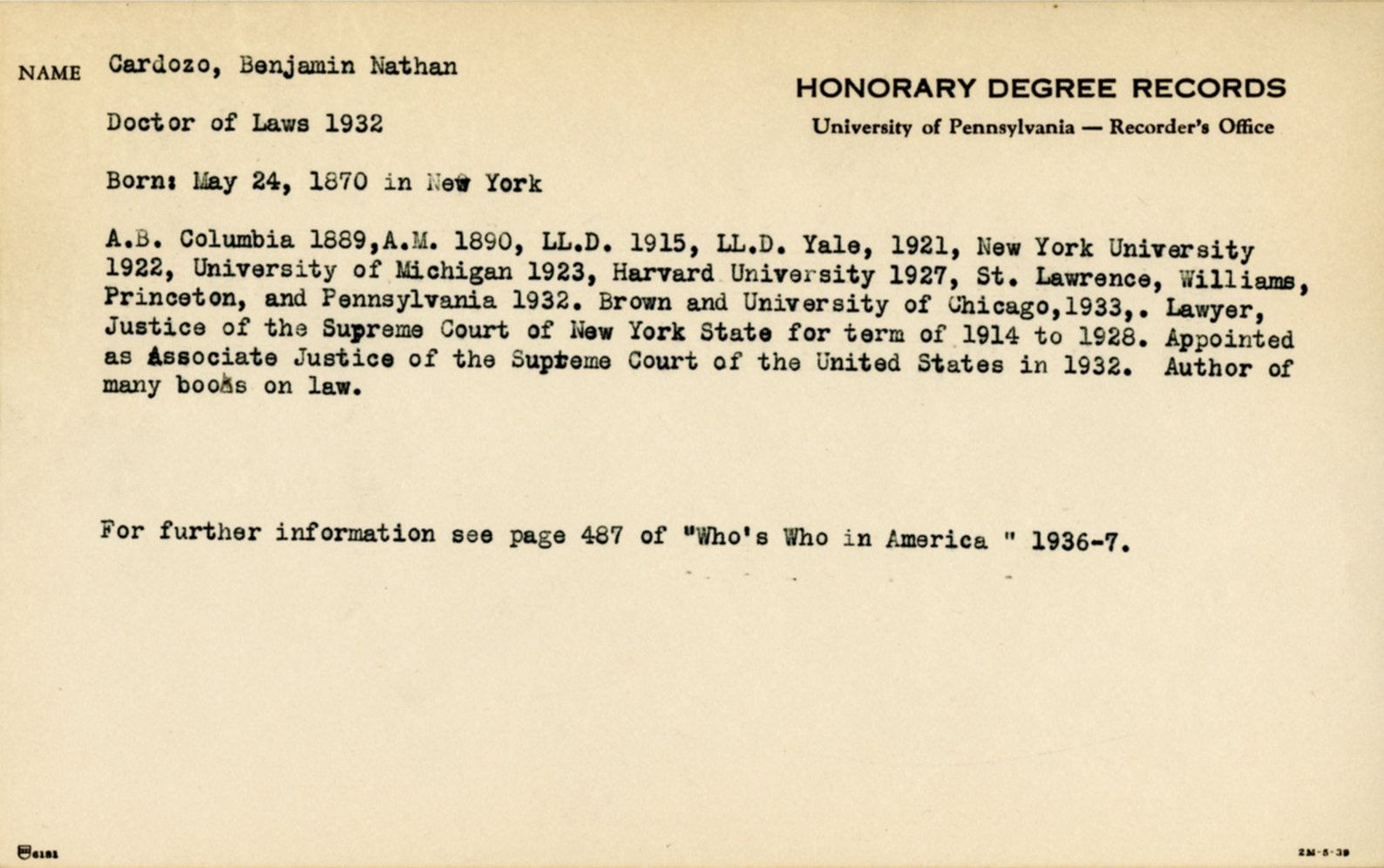 Card for honorary degree recipient, c. 1938