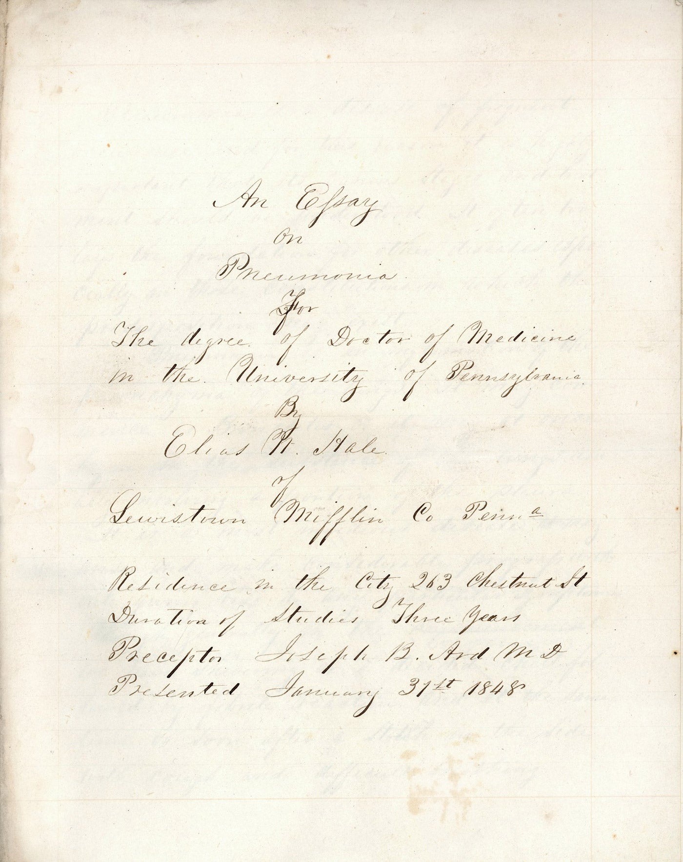 Cover of handwritten essay titled An Essay on Pneumonia by Elias White Hale, 1848
