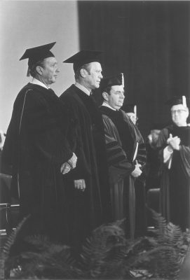 President Gerald Ford with Donald Regan and Martin Meyerson at Commencement, 1975, National Bicentennial