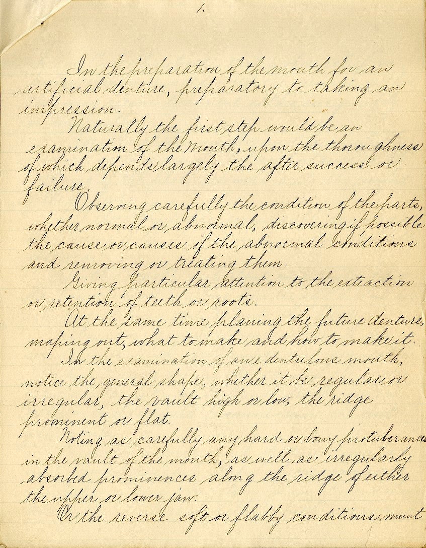 Handwritten description of the preparation of the mouth for an artificial denture, preparatory to taking an impression, 1898