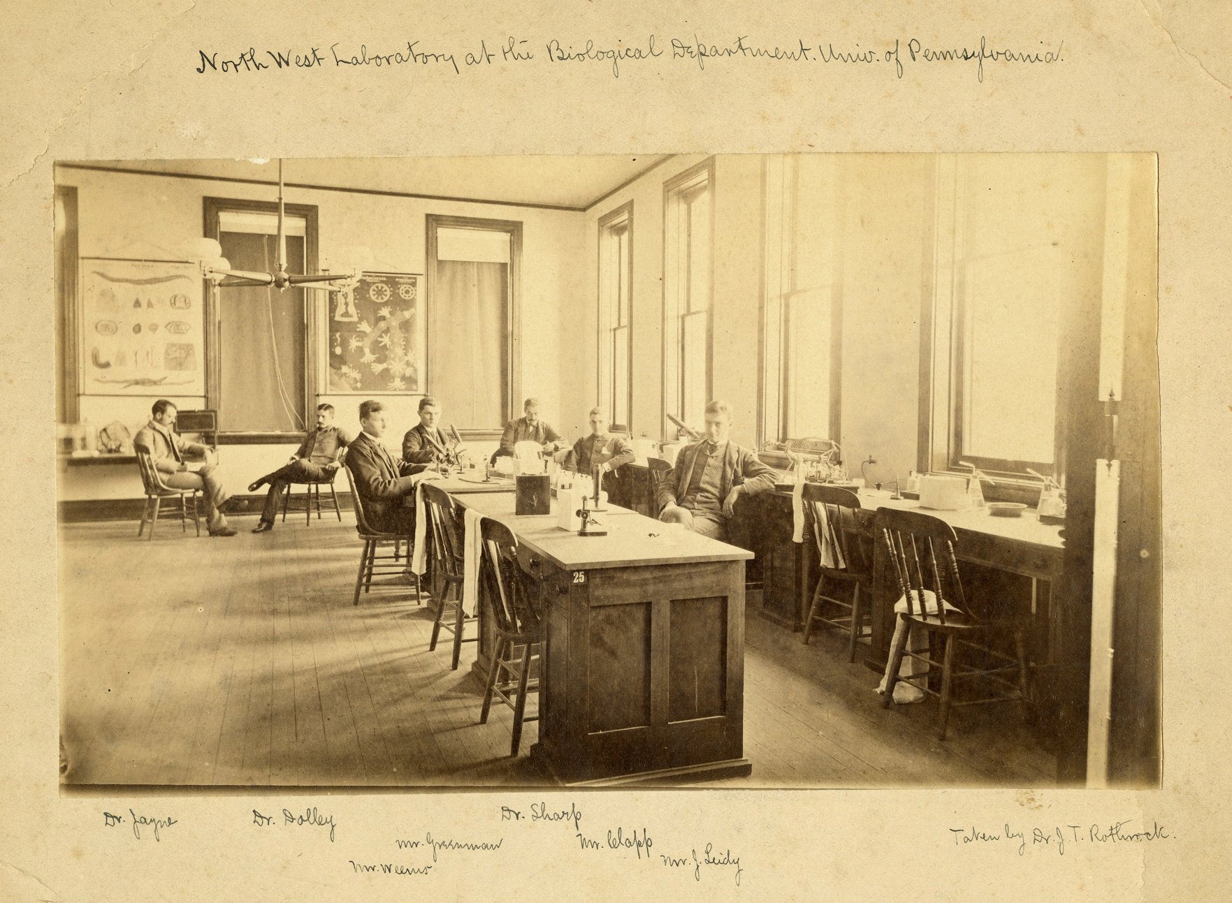 Biological Hall, interior, faculty members in northwest laboratory, c. 1885