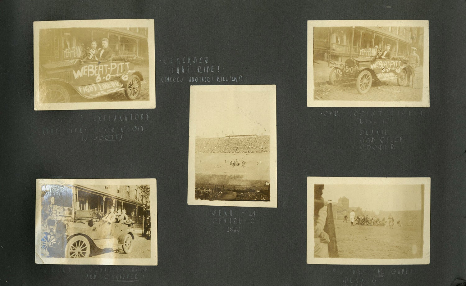 Charles A. Kelley scrapbook page, including 1924 Penn-Pitt game snapshots, 1924