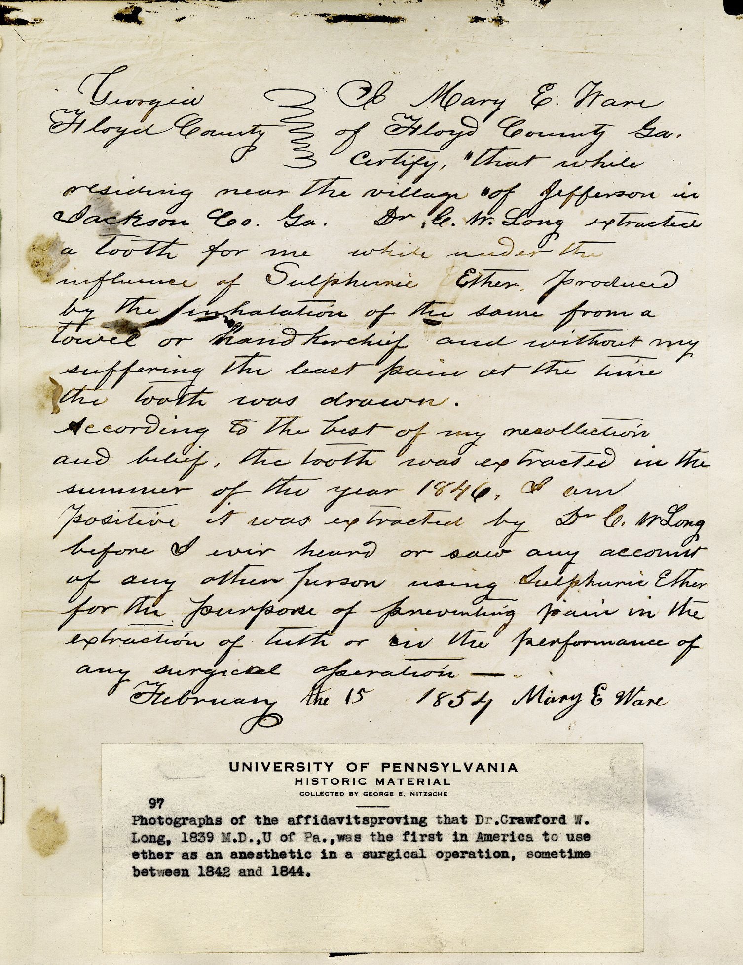 Crawford Williamson Long and his use of ether as an anesthetic in a surgical operation, photograph of original affidavit, 1854
