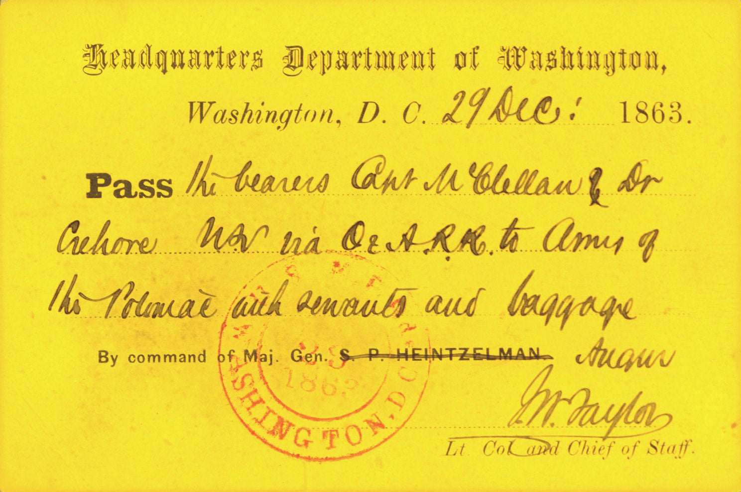 Military pass to Army of the Potomac, 1863