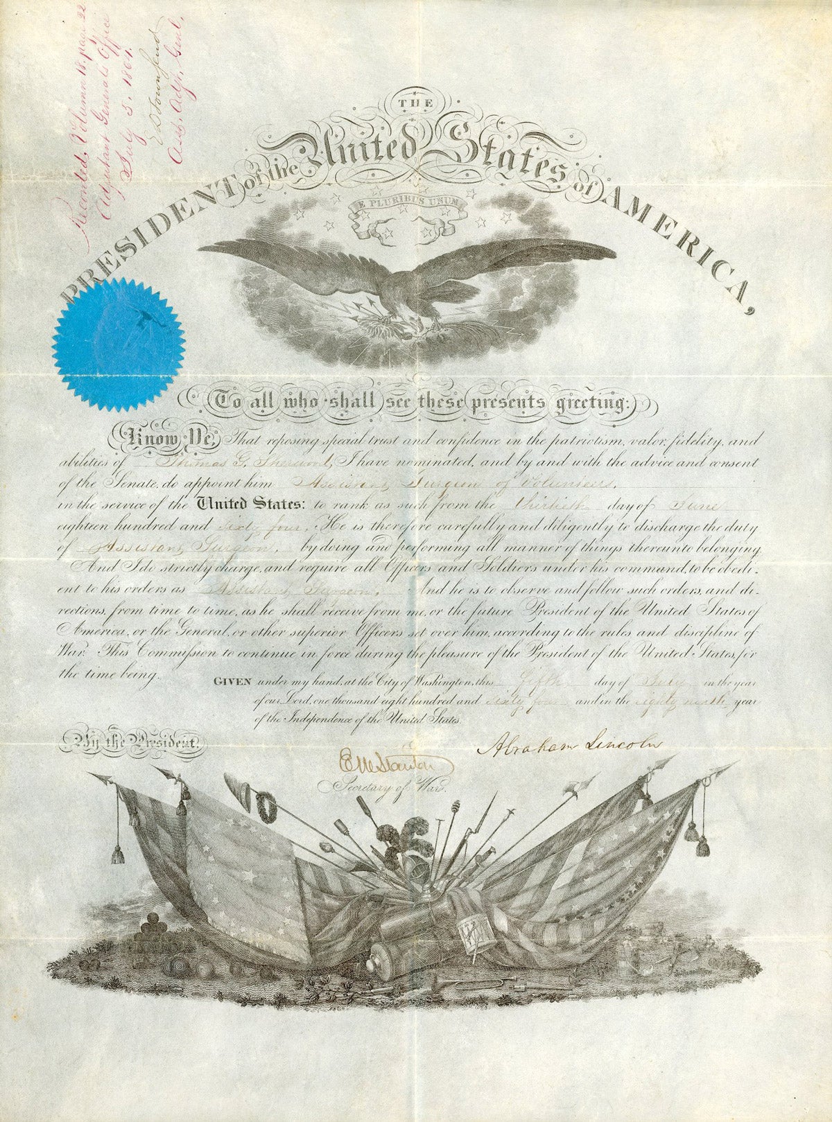 Certificate of promotion in Union Army the for Thomas Humphries Sherwood, 1864