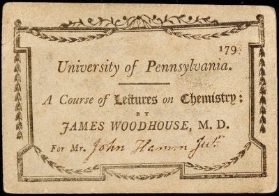 Admission ticket, James Woodhouse's lectures on chemistry, c. 1791