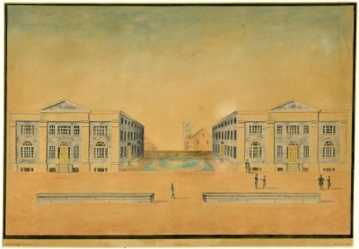 Ninth Street campus of the University of Pennsylvania, Medical Hall and College Hall, 1830 watercolor