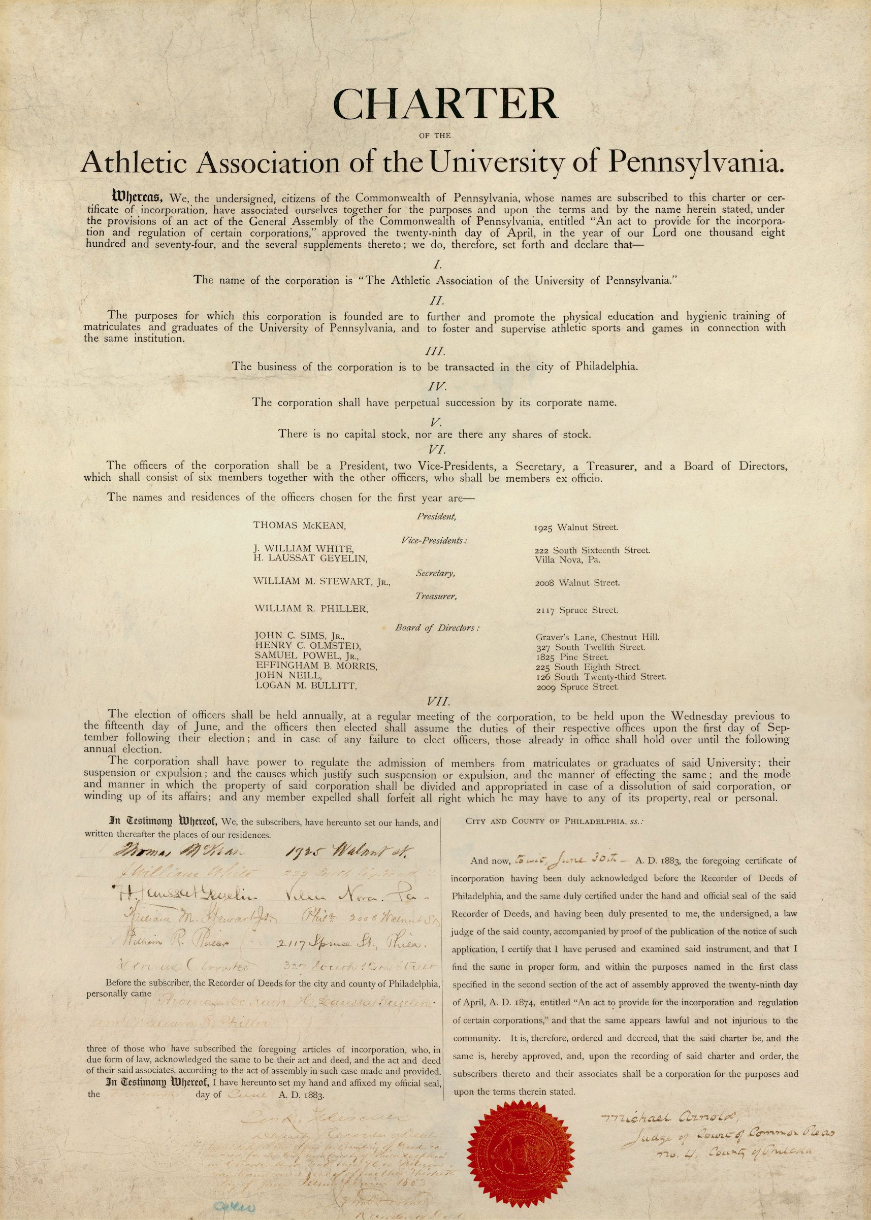 Charter of the Athletic Association of the University of Pennsylvania, 1883