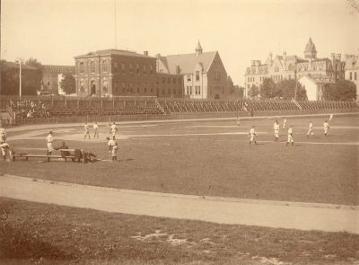 Baseball team practicing on Old Athletic Field at 36th and Spruce Streets, 1891