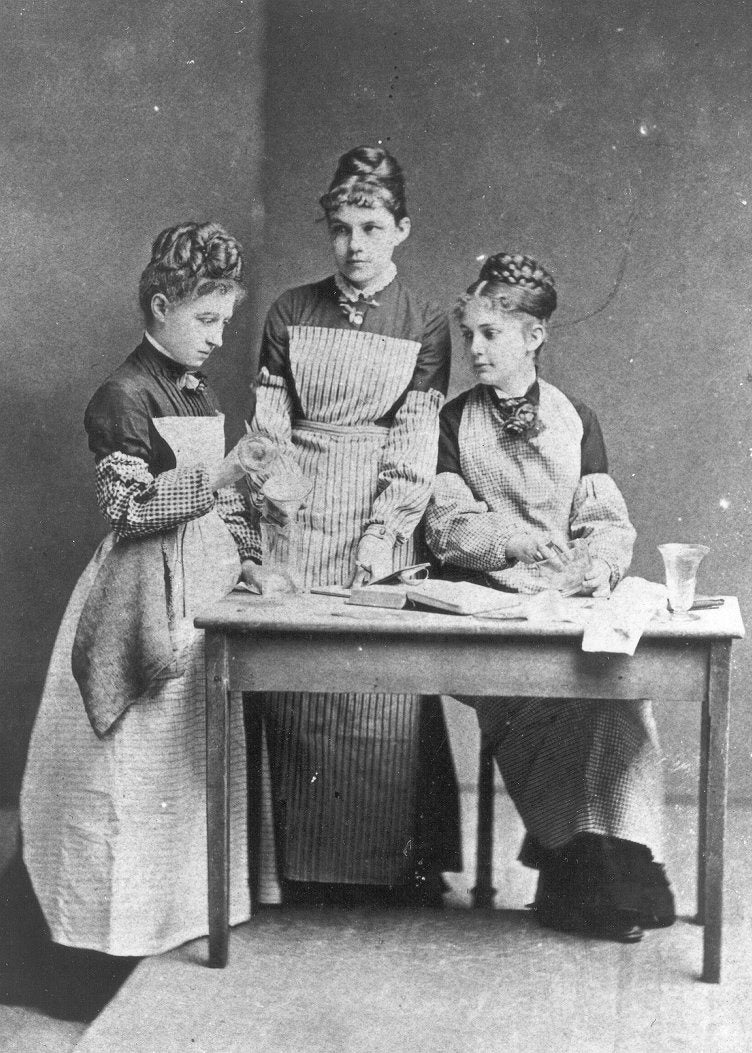 First women to matriculate at the University of Pennsylvania, working in the chemistry laboratory, 1878
