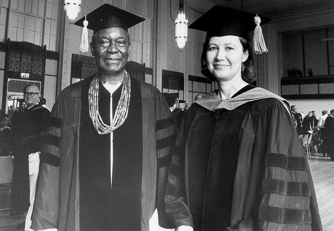 Honorary degree recipient, Nnamdi Azikiwe (Doctor of Humane Letters) with Professor Sandra Barnes, 1980