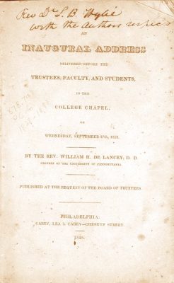 Provost William Heathcote Delancey Inaurguration Address, 1828