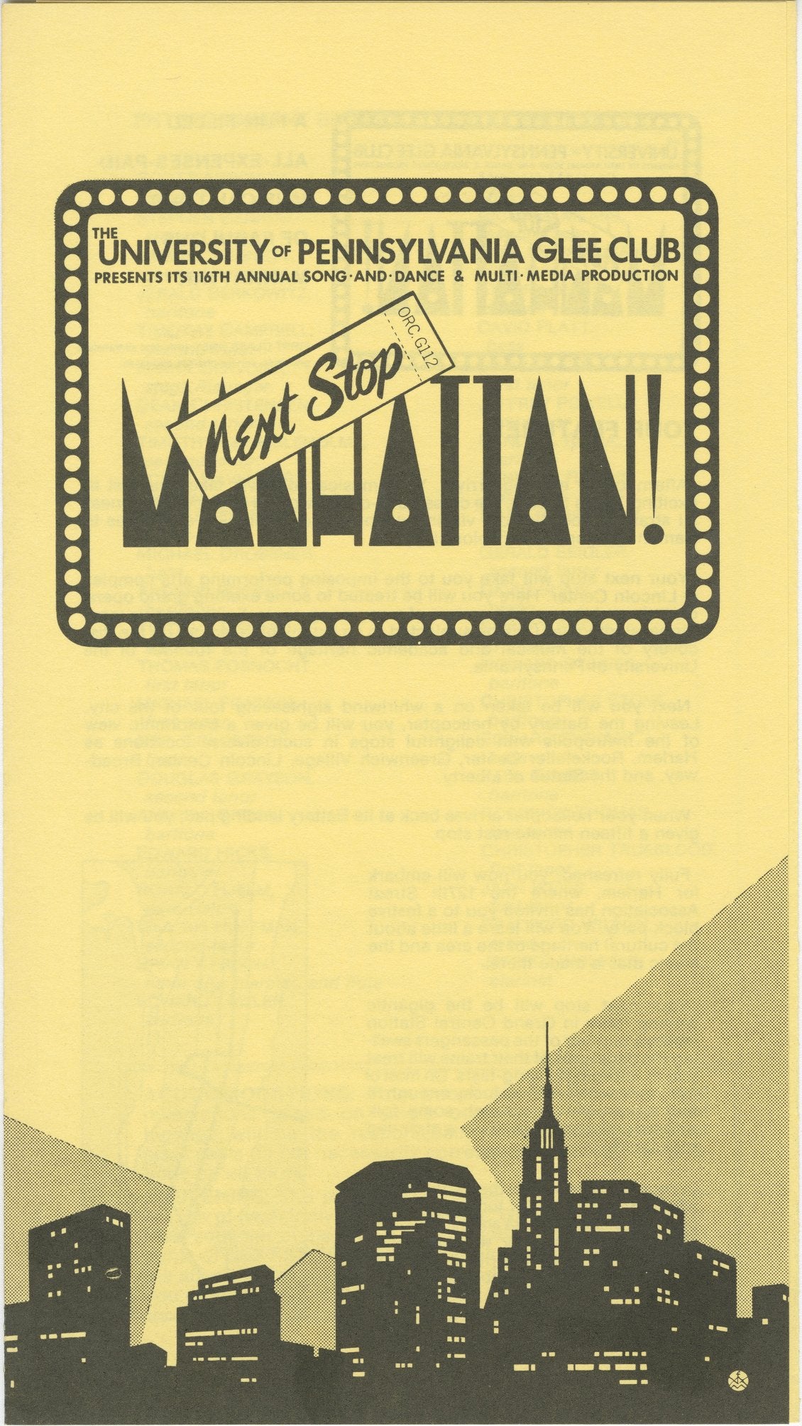 Glee Club's 1977-1978 production, Next Stop: Manhattan!, program cover