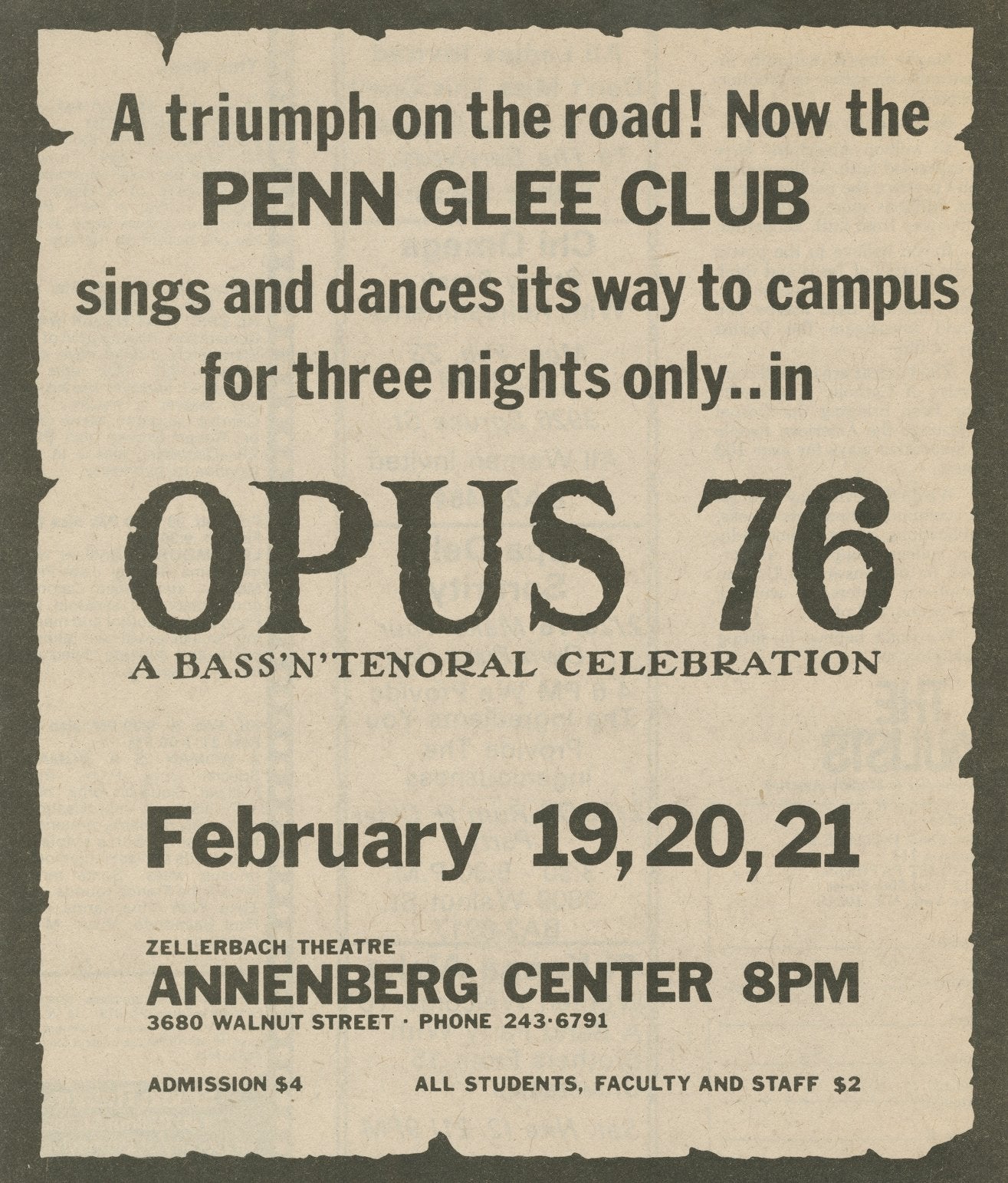 Glee Club's 1975-1976 production, Opus 76, advertisement