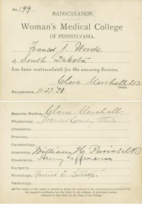 Woman’s Medical College of Pennsylvania (Drexel University College of Medicine), medical lecture ticket, 1891