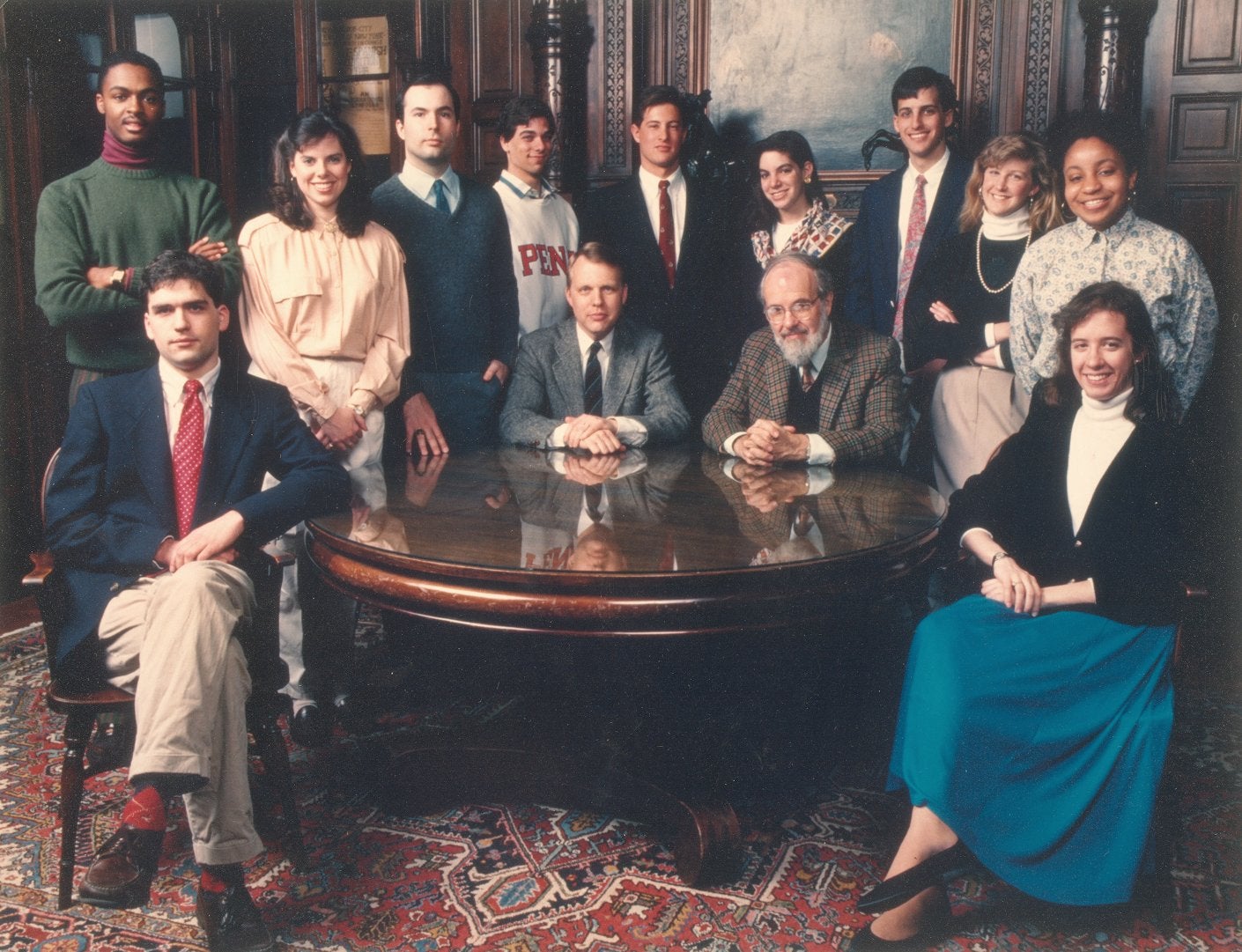 The authors and editors of A Pennsylvania Album in the Henry Charles Lea Library of the University of Pennsylvania. Seated at the table from left to right, James A. Bessin, Mark Frazier Lloyd, Richard Slator Dunn and Elizabeth A. Linck. Standing, from left to right, Marvin P. Lyon, Jr., Denise Pieczynski, Mark J. Drozdowski, Michael G. Dubrow, Andrew K. Becker, Lisa M. Silverman, Jonathan S. Bennett, Michelle A. Woodson, and Adele Cecelia Moore