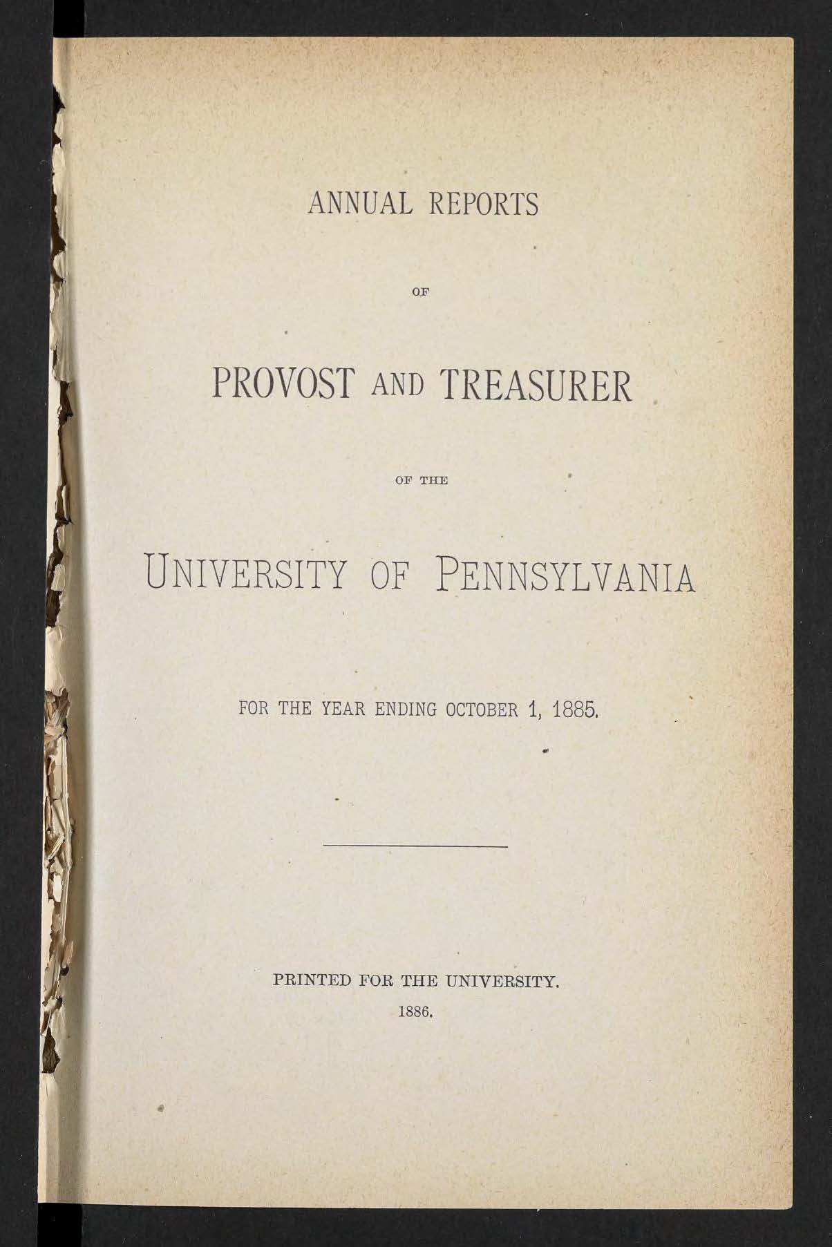 Provost Report, 1883-85, front page