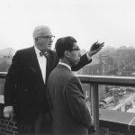 Japanese Royal Family's informal visit to the Penn campus: Gaylord P. Harnwell and Prince Mikasa on the roof terrace of Van Pelt Library, 1965