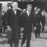 Shah of Iran, Mohammad Reza Pahlavi (1919-1980), LL.D. (hon.) 1962, walking from helicopter with Penn President Gaylord Harnwell, 1962