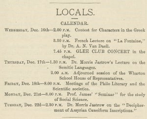 Advertisement for Jastrow's lectures on December 17 and 22, 1885, in the Pennsylvanian, 1885